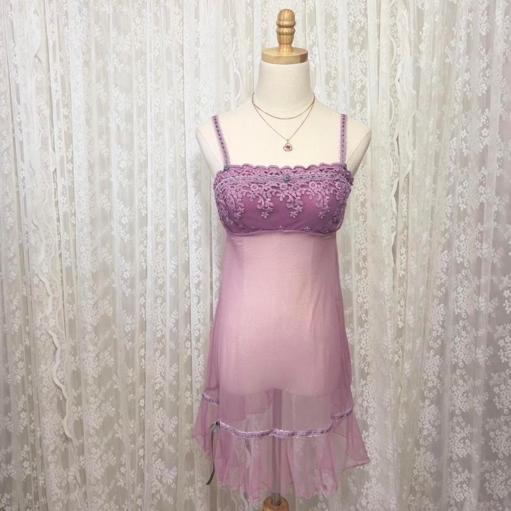 Y2K Felina Lilac Babydoll Lingerie Mesh Mini Dress Camisole Sz S Ethereal Fairy‎